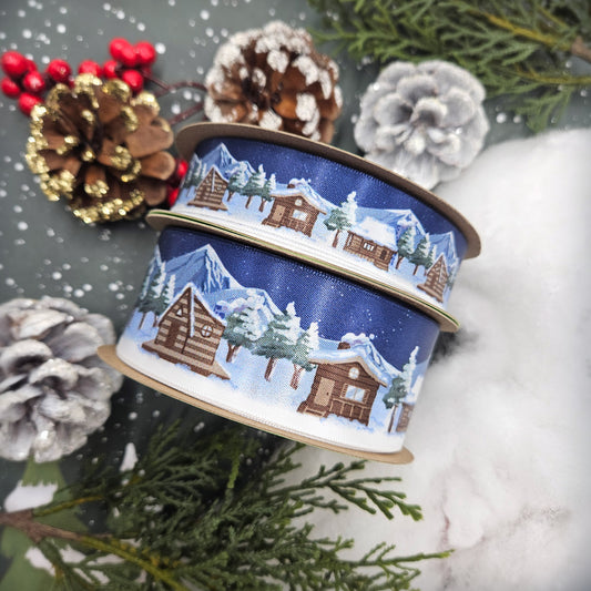 Cozy Cabins ribbon Log cabins in the snow printed on 7/8" and 1.5" white satin