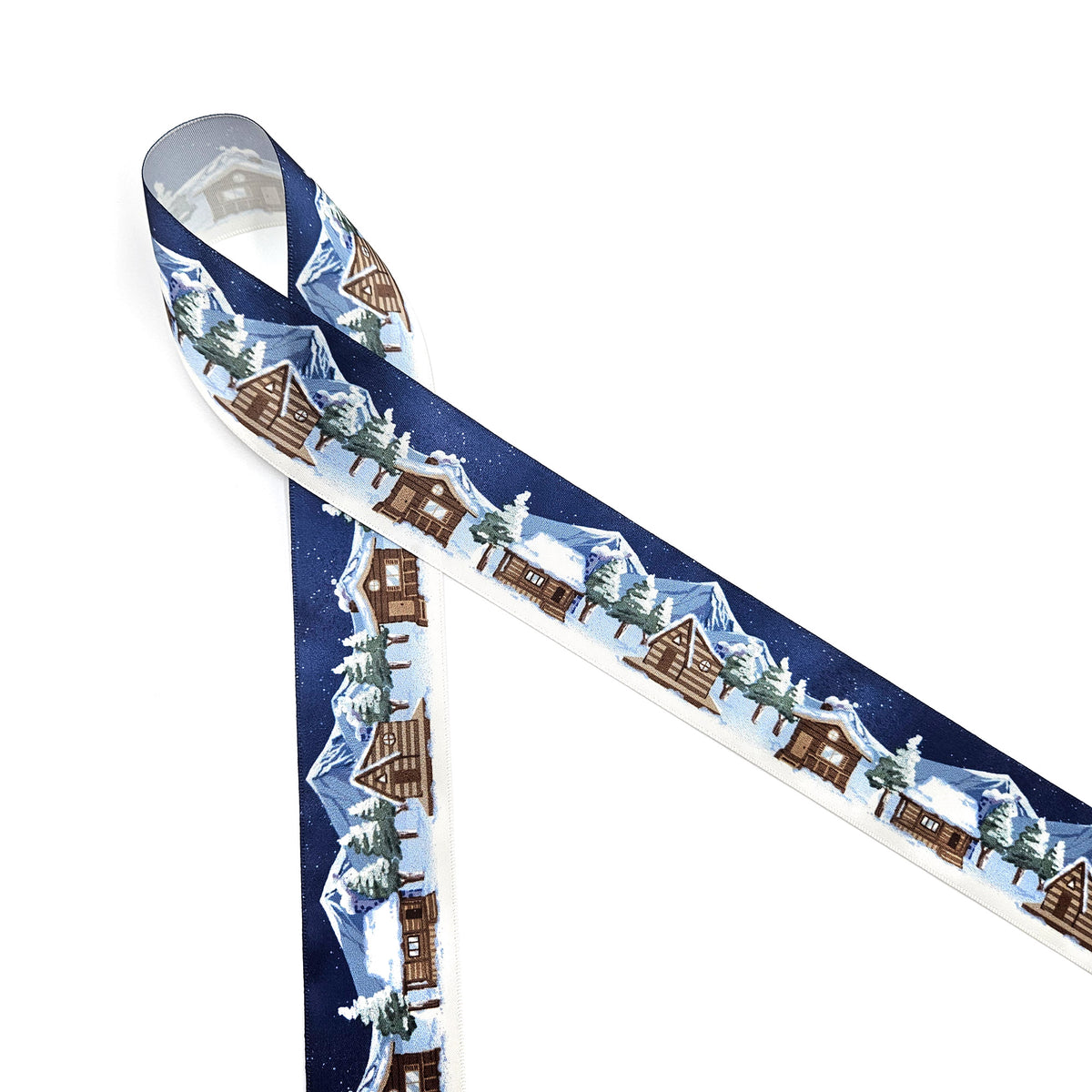 Cozy Cabins ribbon Log cabins in the snow printed on 7/8" and 1.5" white satin