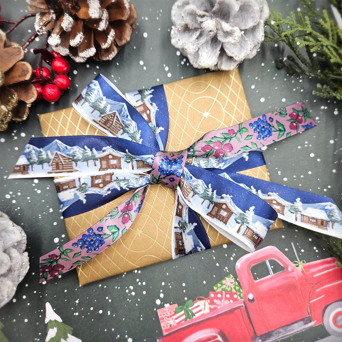 Cozy Cabins ribbon Log cabins in the snow printed on 7/8" and 1.5" white satin
