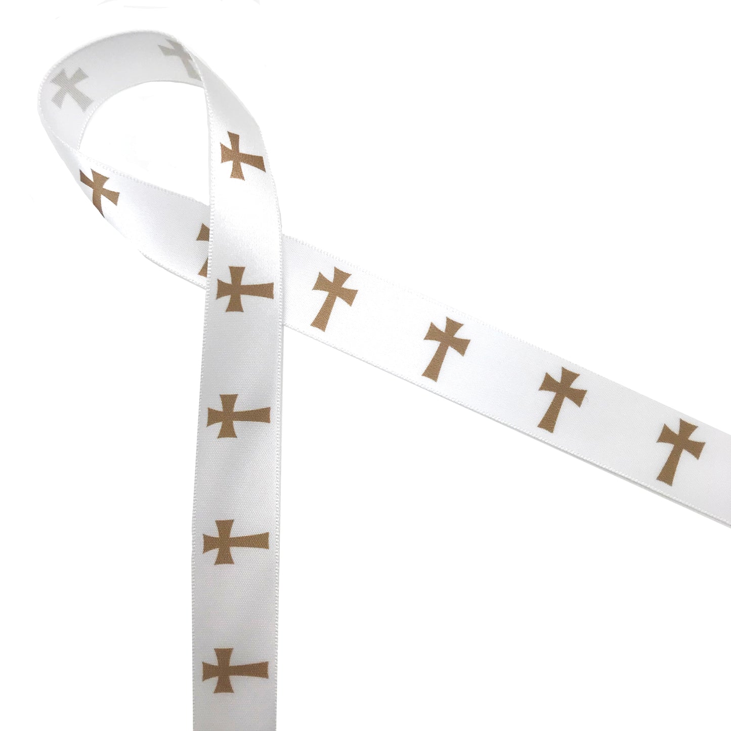 Crosses of gold ribbon printed on 7/8" white grosgrain or satin