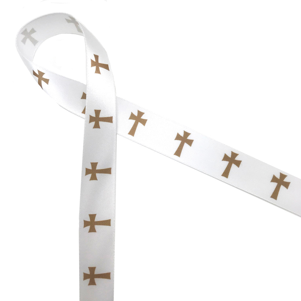 Gold crosses are traditional symbol of Christianity. Gold crosses in a row printed on 7/8" white single face satin is the ideal ribbon for Christian celebrations, sacraments and ceremonies. This is an ideal ribbon for Easter celebrations, First Communion, Confirmation, Weddings and Funerals. Use this ribbon for gift wrap, gift baskets, ceremony decor, ribbon crafts, wreath making, sewing and quilting. All our ribbon  is designed and printed in the USA.