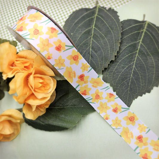 Daffodil Ribbon yellow and orange daffodils printed on 1.5" white single face satin