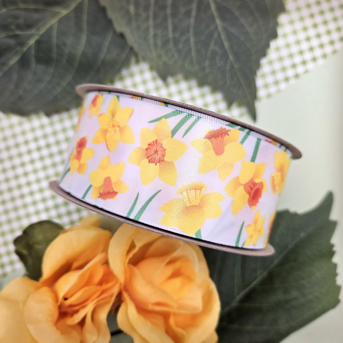 Daffodil Ribbon yellow and orange daffodils printed on 1.5" white single face satin