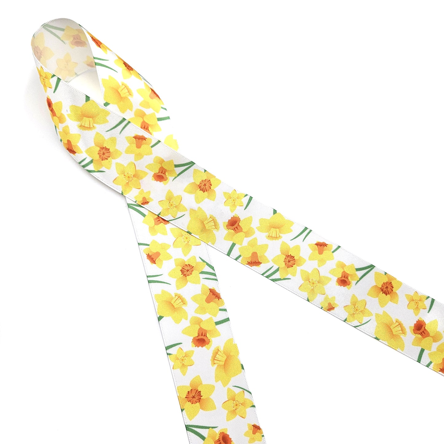 Daffodil Ribbon yellow and orange daffodils printed on 1.5" white single face satin