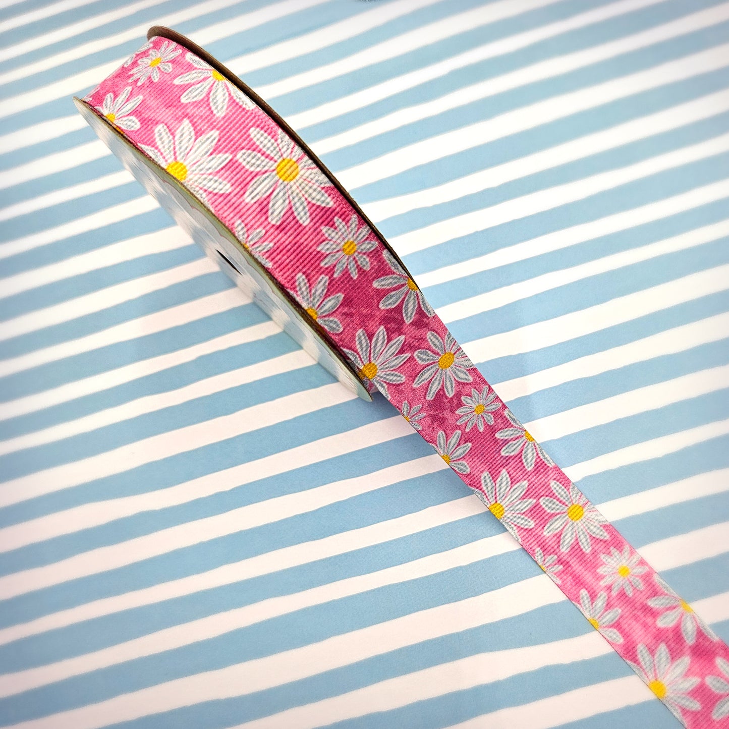 Daisy ribbon daisy blossoms on a watercolor blue  or pink background printed on 7/8" grosgrain