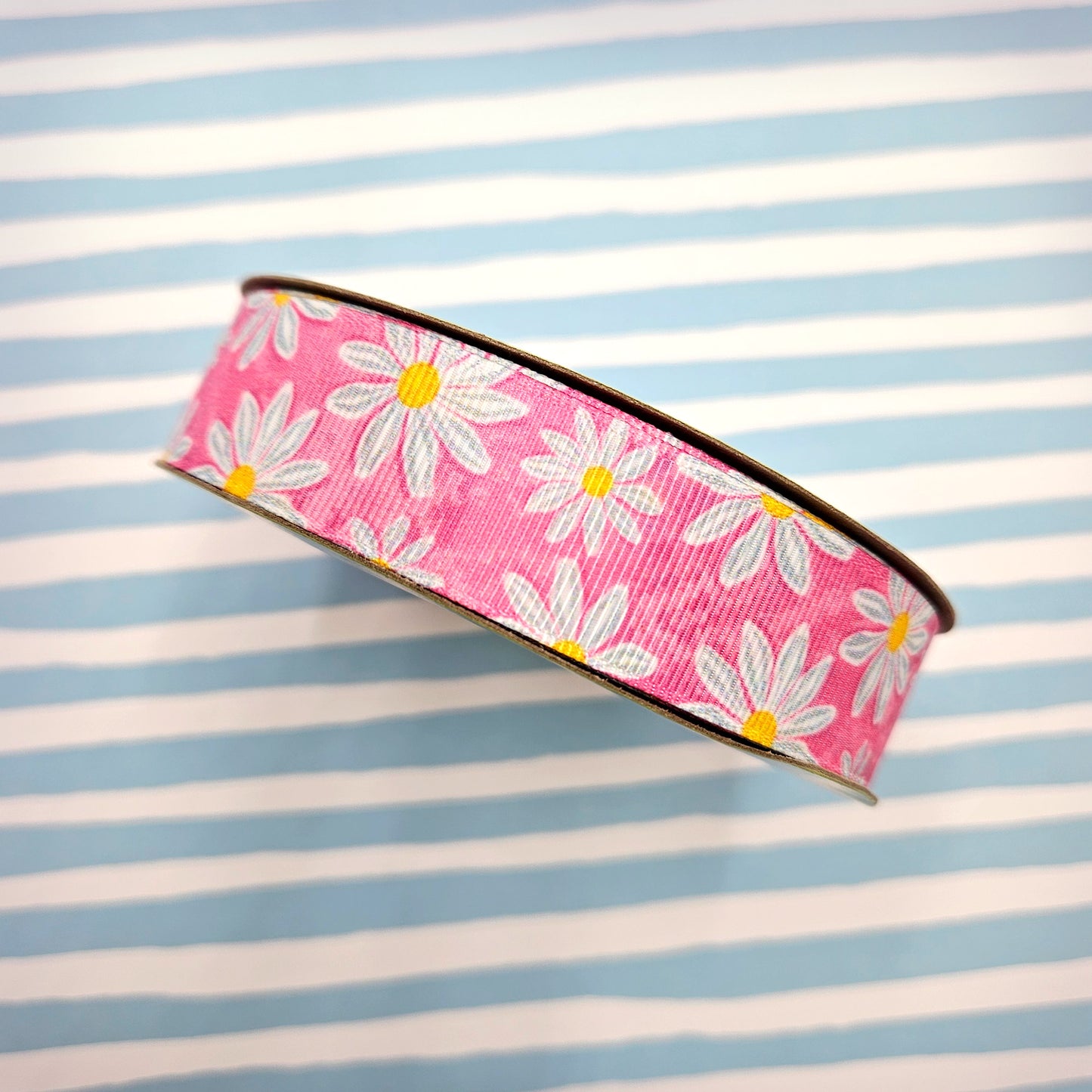 Daisy ribbon daisy blossoms on a watercolor blue  or pink background printed on 7/8" grosgrain