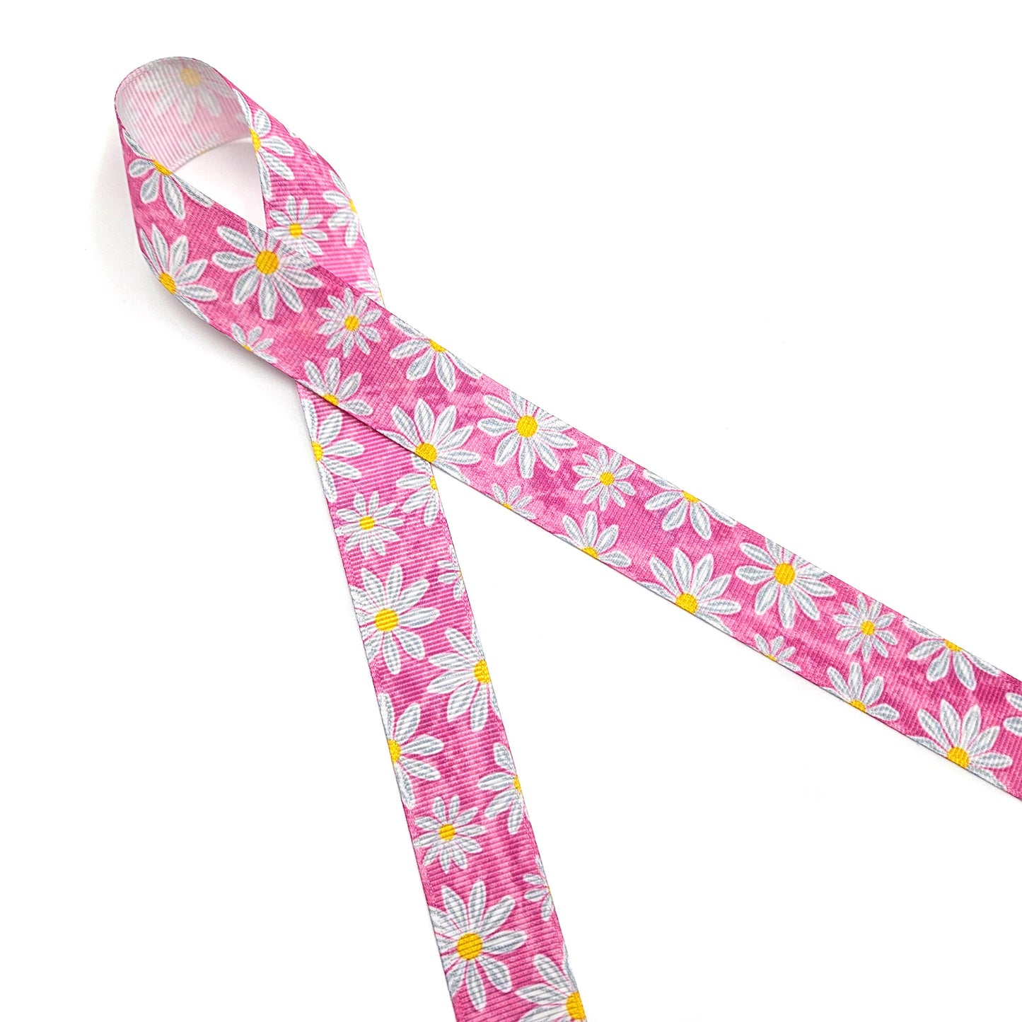 Daisy ribbon daisy blossoms on a watercolor blue  or pink background printed on 7/8" grosgrain