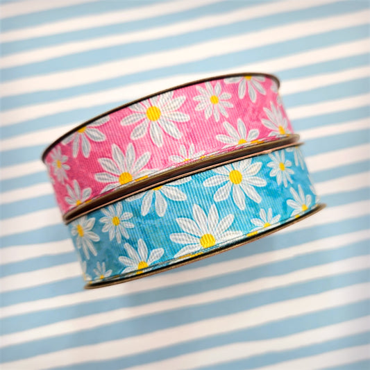Daisy ribbon daisy blossoms on a watercolor blue  or pink background printed on 7/8" grosgrain