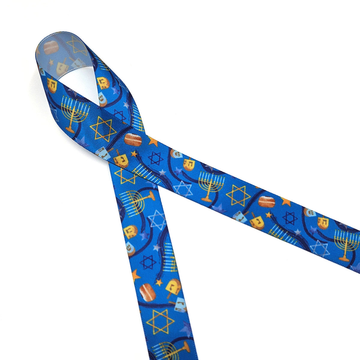 Hanukkah Ribbon in shades of dark blue with Menorahs, dreidels and Star of David tossed for decor printed on 5/8" and 7/8" white satin