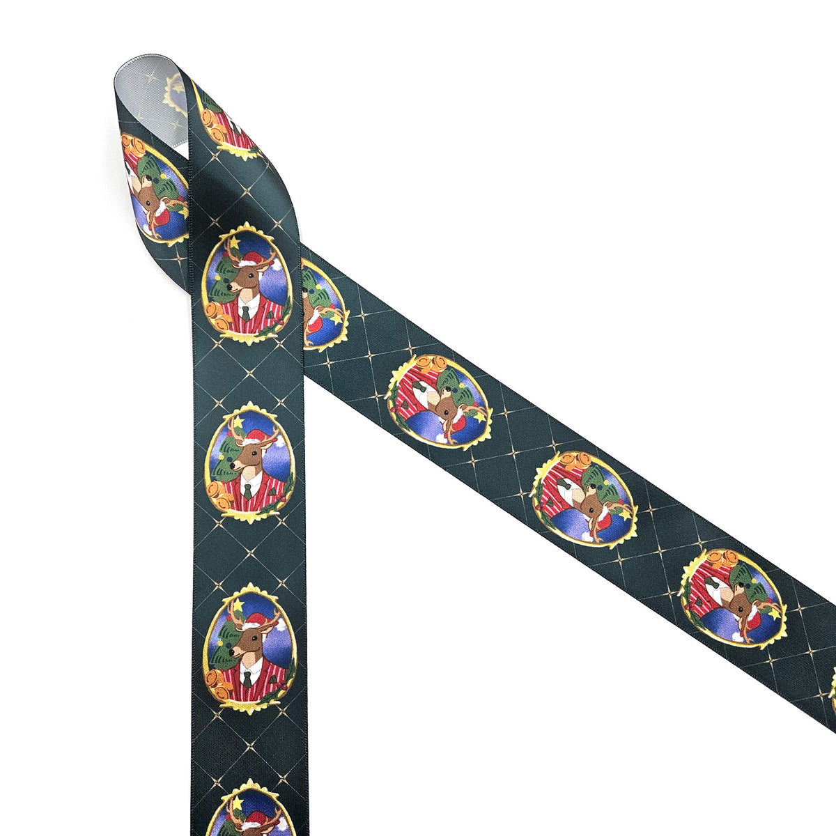 Holiday Deer  ribbon dressed in a handsome Christmas suit on a dark blue background with stars printed on 1.5" satin