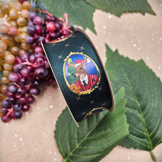 Holiday Deer  ribbon dressed in a handsome Christmas suit on a dark blue background with stars printed on 1.5" satin