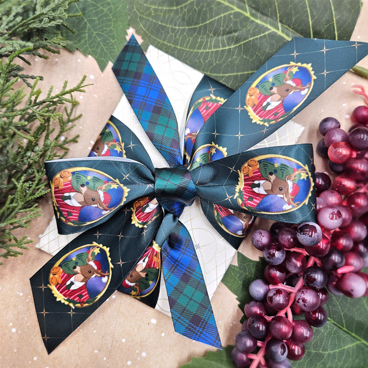 Holiday Deer  ribbon dressed in a handsome Christmas suit on a dark blue background with stars printed on 1.5" satin