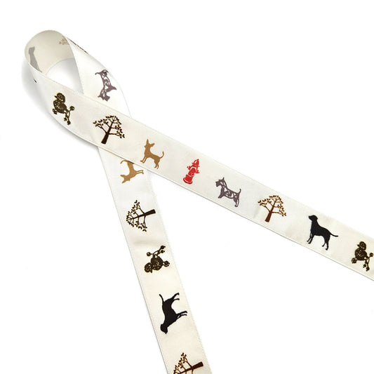 Dogs  on Parade Ribbon on 7/8" Antique white Single Face Satin ribbon