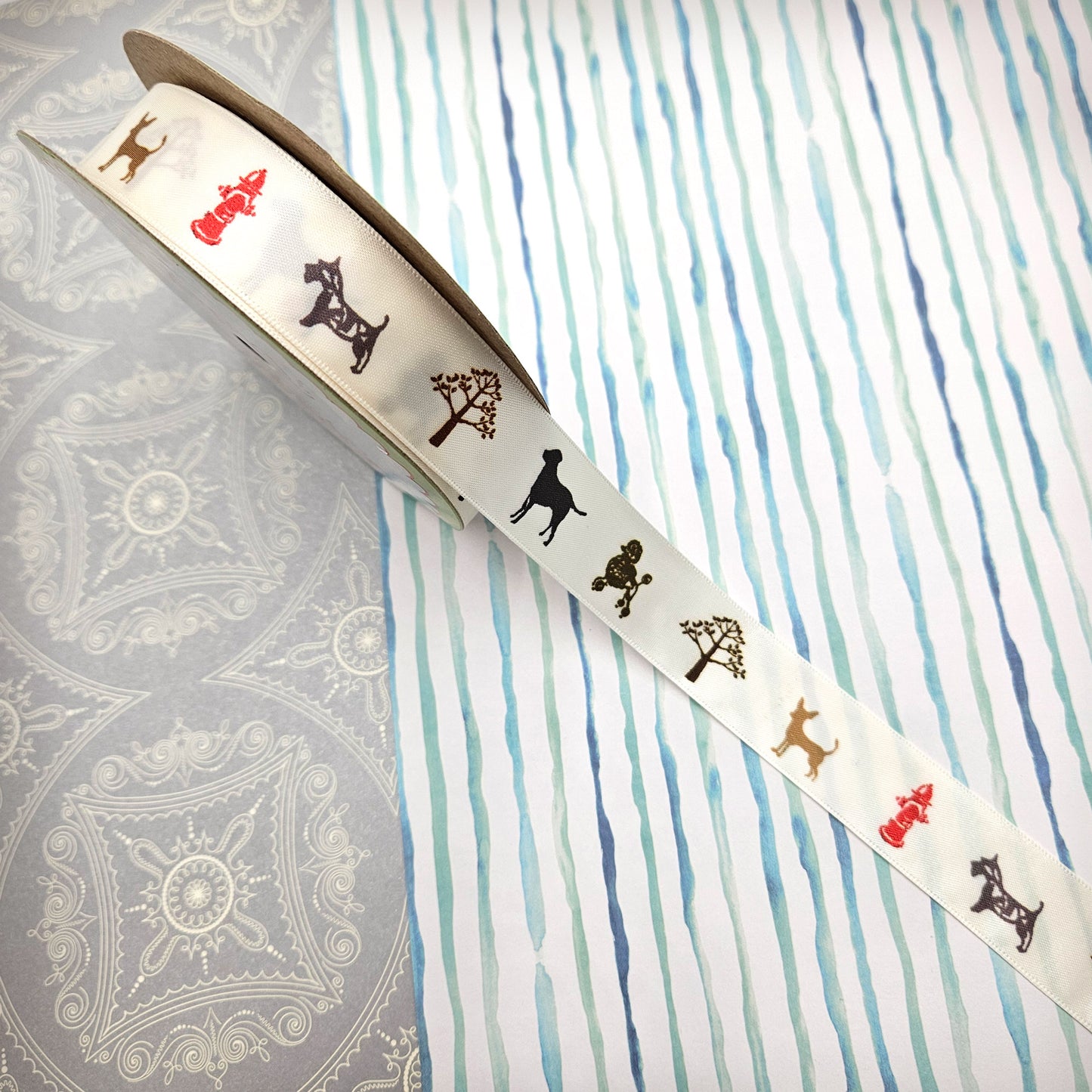Dogs  on Parade Ribbon on 7/8" Antique white Single Face Satin ribbon