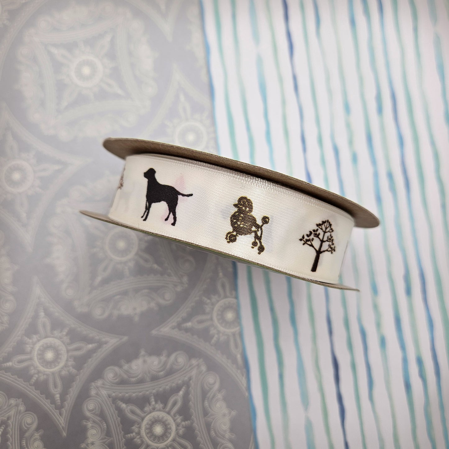 Dogs  on Parade Ribbon on 7/8" Antique white Single Face Satin ribbon