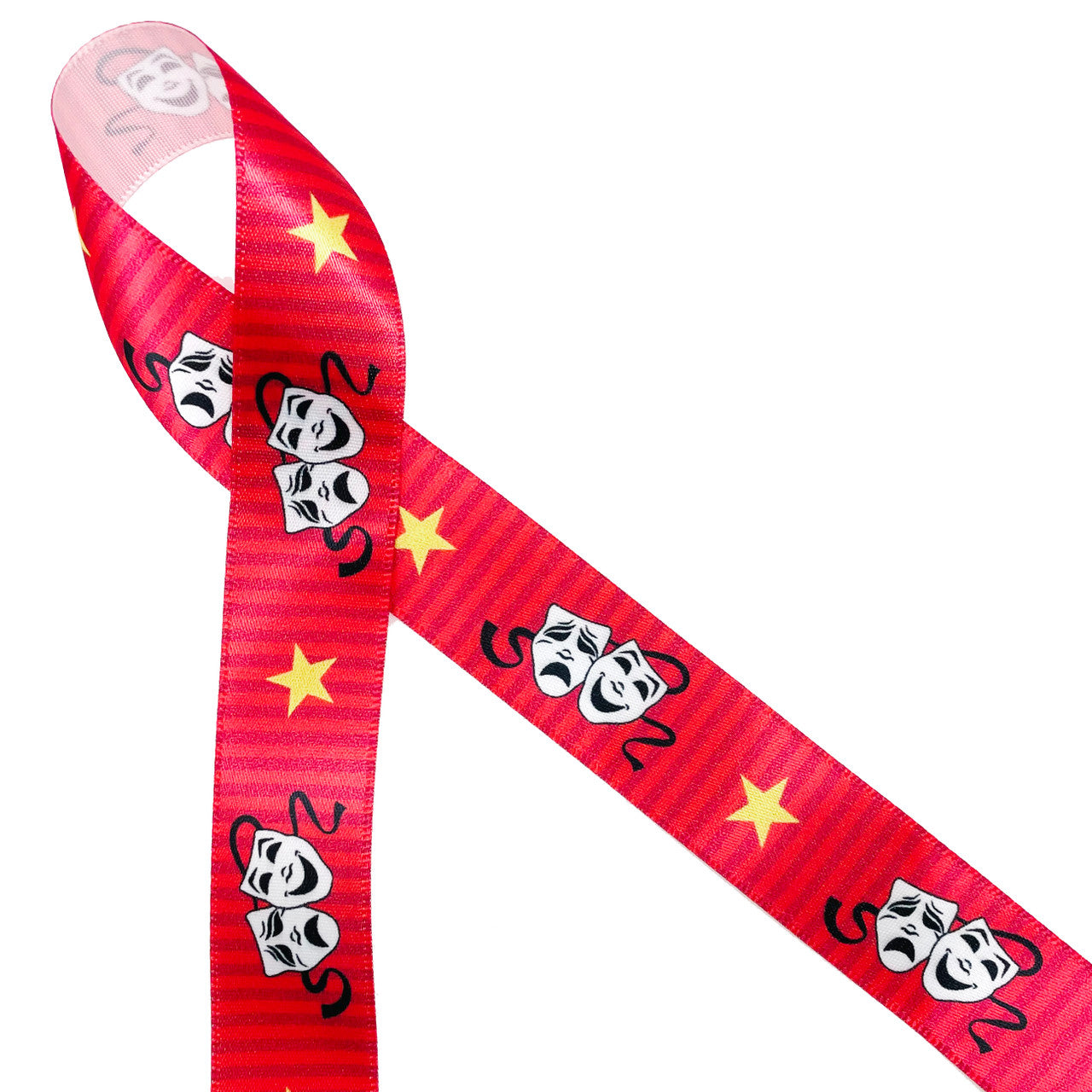 Theater themed ribbon printed on white with red on red stripes and the masks of comedy and tragedy with a gold star! Any budding actor would love a gift tied with this unique ribbon! Designed and printed in the USA