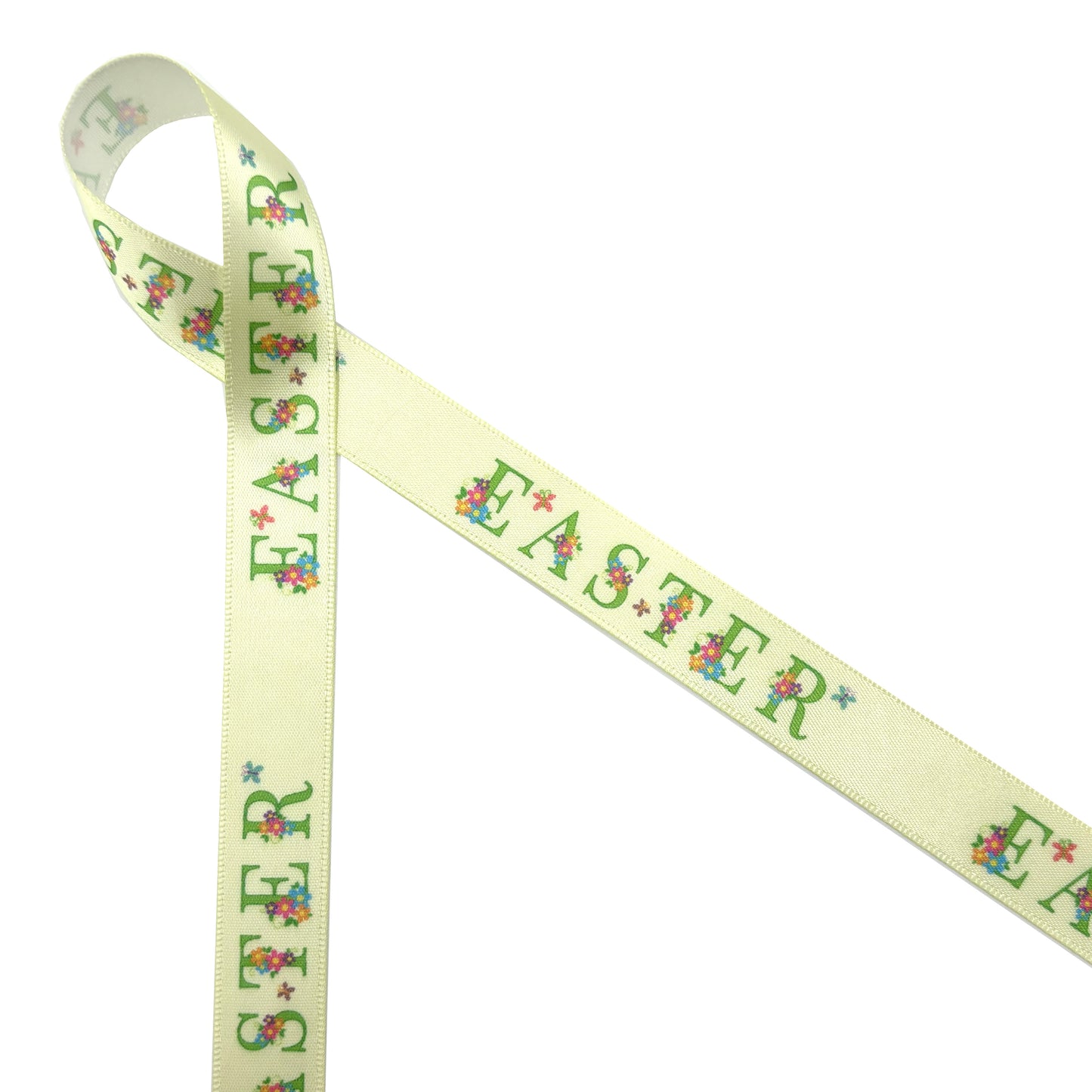 Easter ribbon Easter in green text decorated with Spring flowers on a yellow background printed on 5/8" and 7/8" white satin