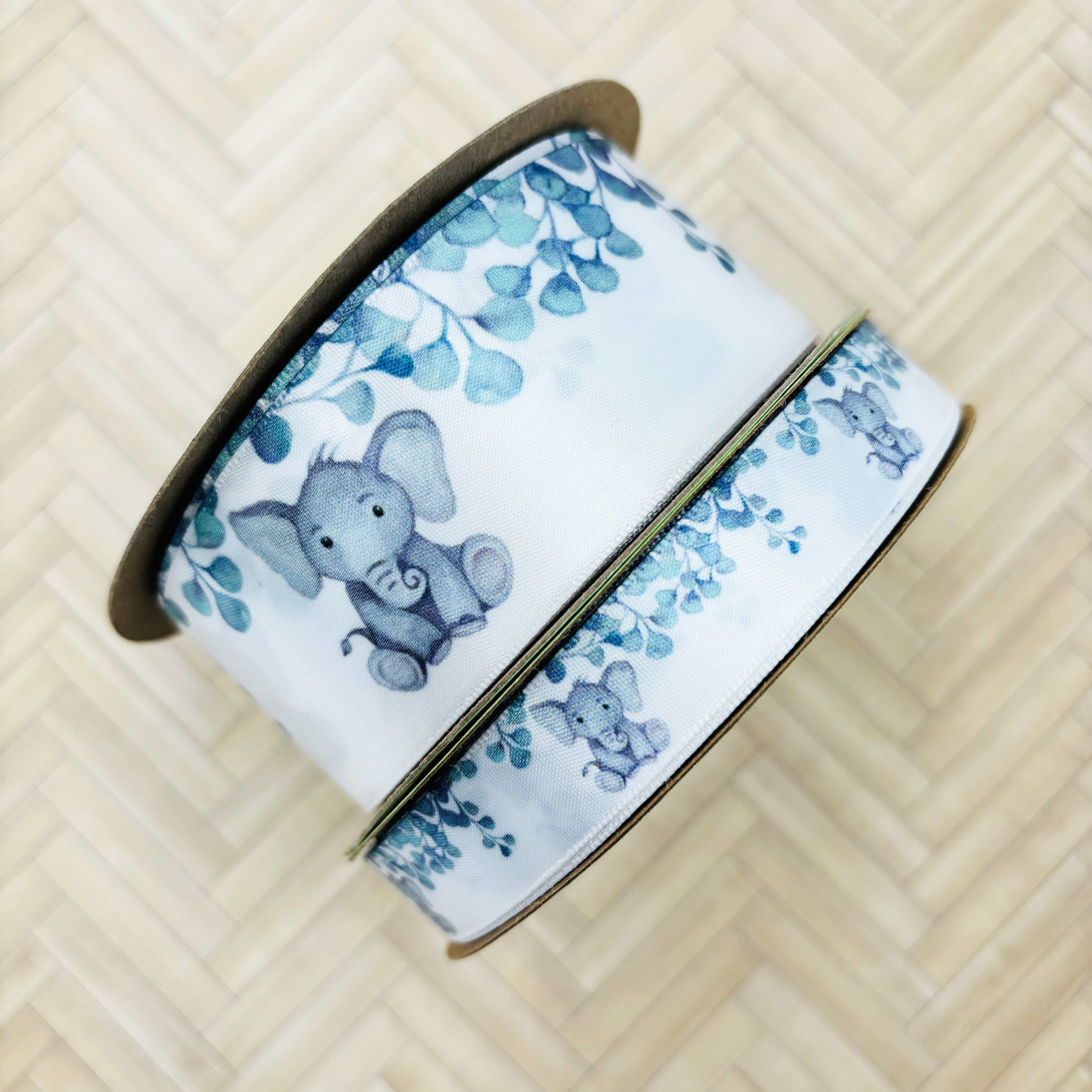 Baby elephant in gray with sage green eucalyptus branches printed on1.5 ...