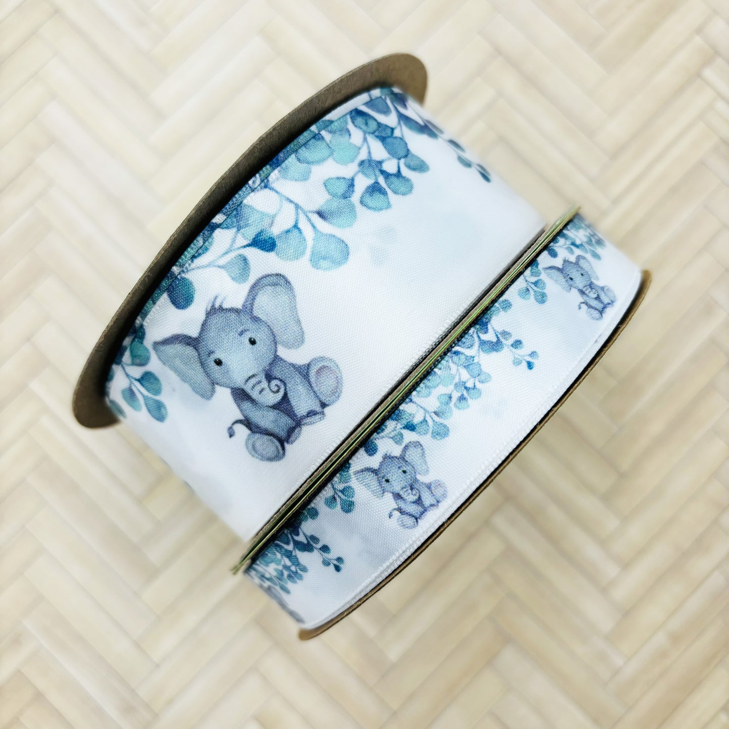 Baby Elephant ribbon with eucalyptus leaves printed on  5/8" and 1.5" white satin