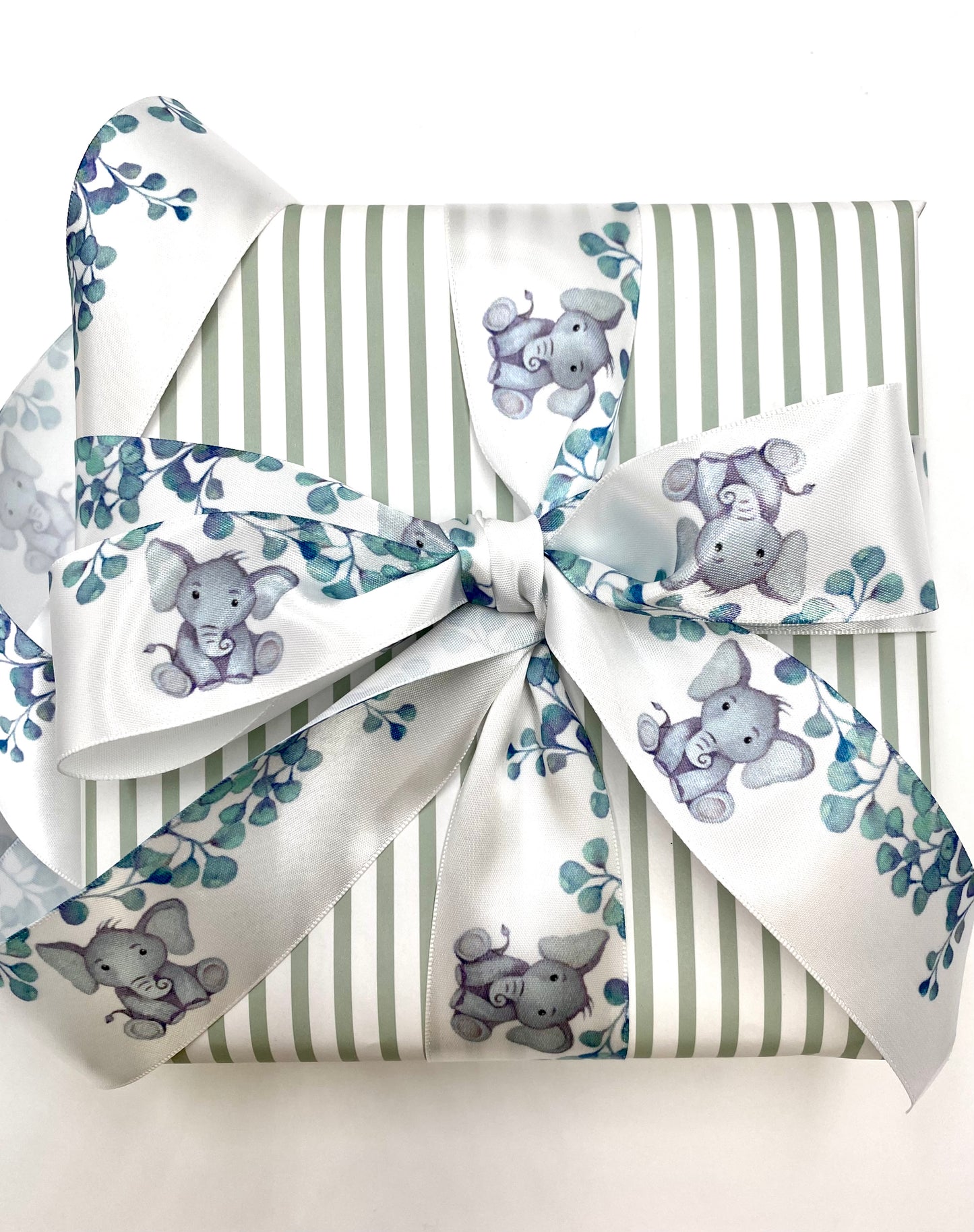 Baby Elephant ribbon with eucalyptus leaves printed on  5/8" and 1.5" white satin