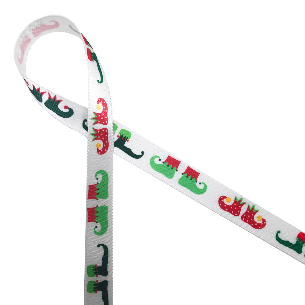 Adorable little elf shoes in holiday colors of red, green and black printed on 5/8" white single face satin ribbon is and ideal addition to your Holiday gifts, crafts, favors and decor!
