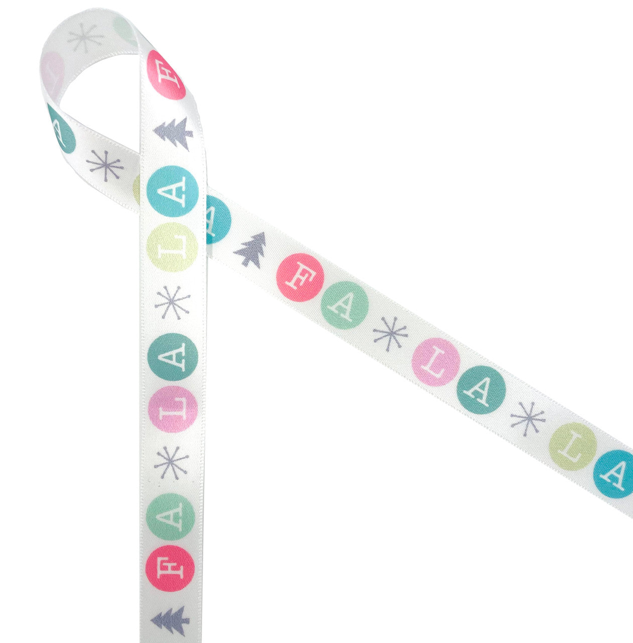 Fa La La in white on pastel dots of pink, mint and blue with a mid century star printed on 5/8" white single face satin ribbon is a fun addition to any holiday gift, favor or craft project. This fun ribbon is ideal for cookies, candy, cake pops, table decor and tree trimming. Be sure to have this ribbon on hand for Holiday crafts and sewing projects too. All our ribbon is designed and printed in the USA