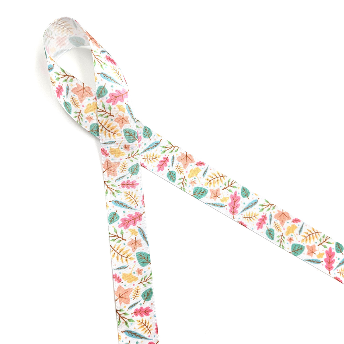 Pastel Fall Floral ribbon with  leaves, ferns and buds in  shades of mint, butter yellow, peach and teal printed on 5/8" white satin