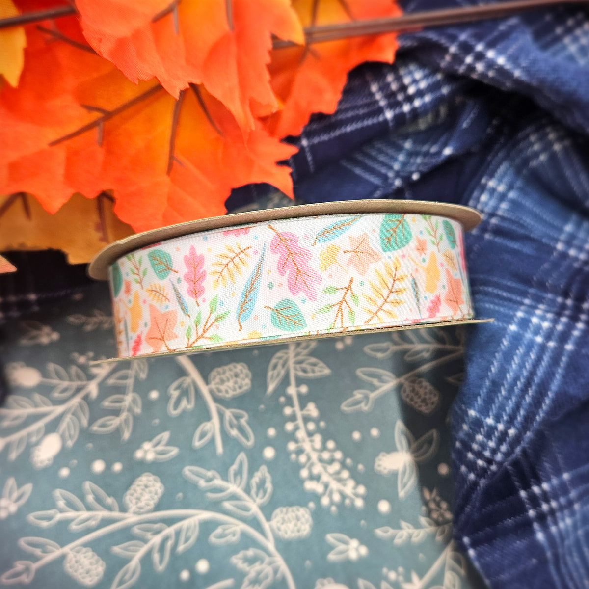 Pastel Fall Floral ribbon with  leaves, ferns and buds in  shades of mint, butter yellow, peach and teal printed on 5/8" white satin