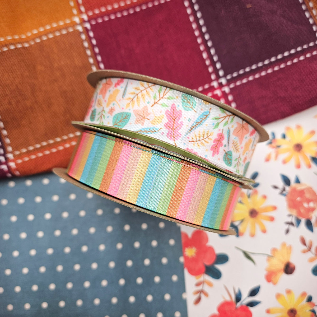 Pastel Fall Floral ribbon with  leaves, ferns and buds in  shades of mint, butter yellow, peach and teal printed on 5/8" white satin