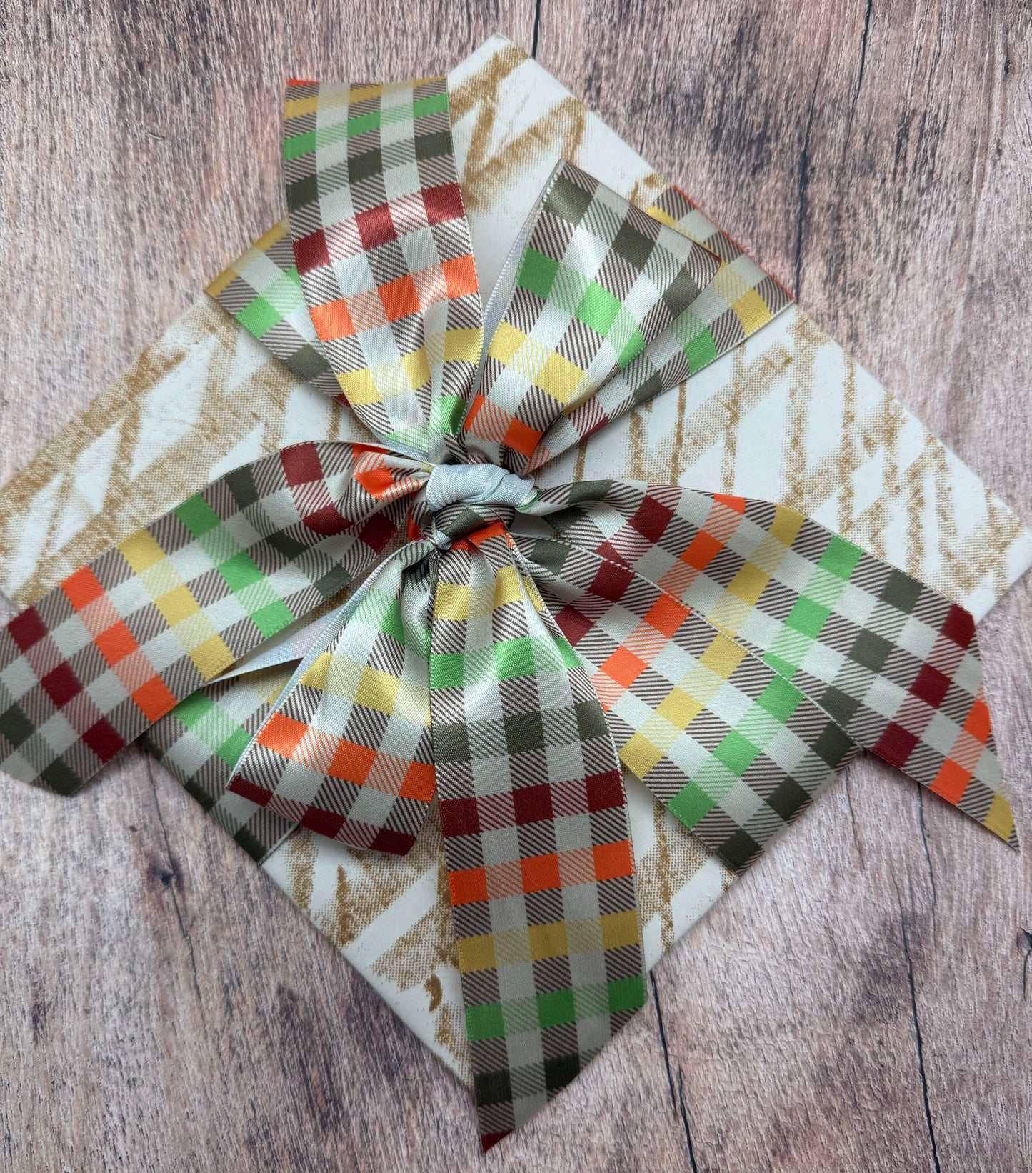 Fall plaid ribbon printed on 1.5" white grosgrain and satin