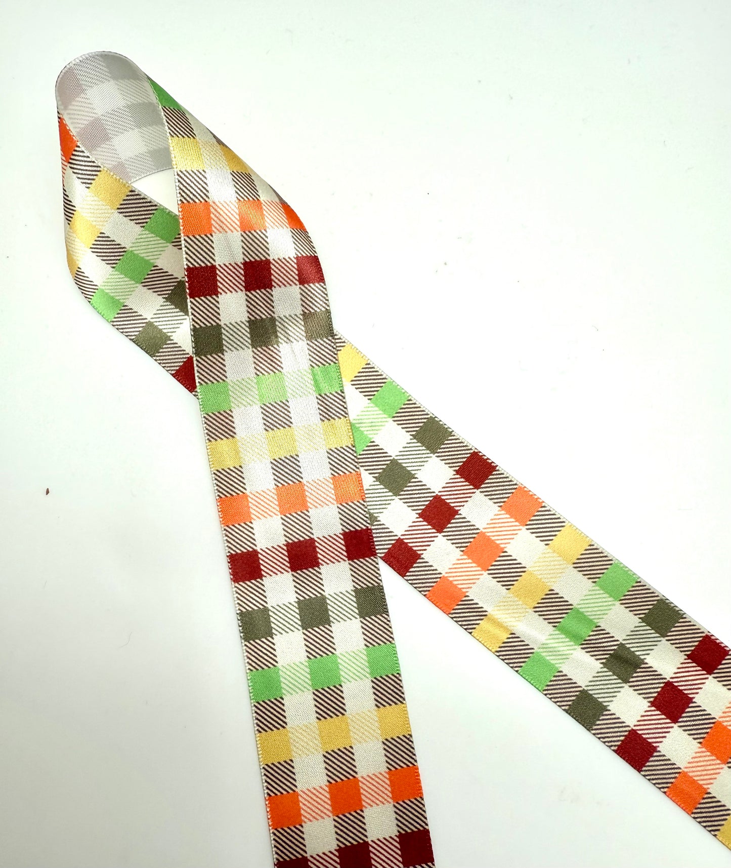 Fall plaid ribbon printed on 1.5" white grosgrain and satin