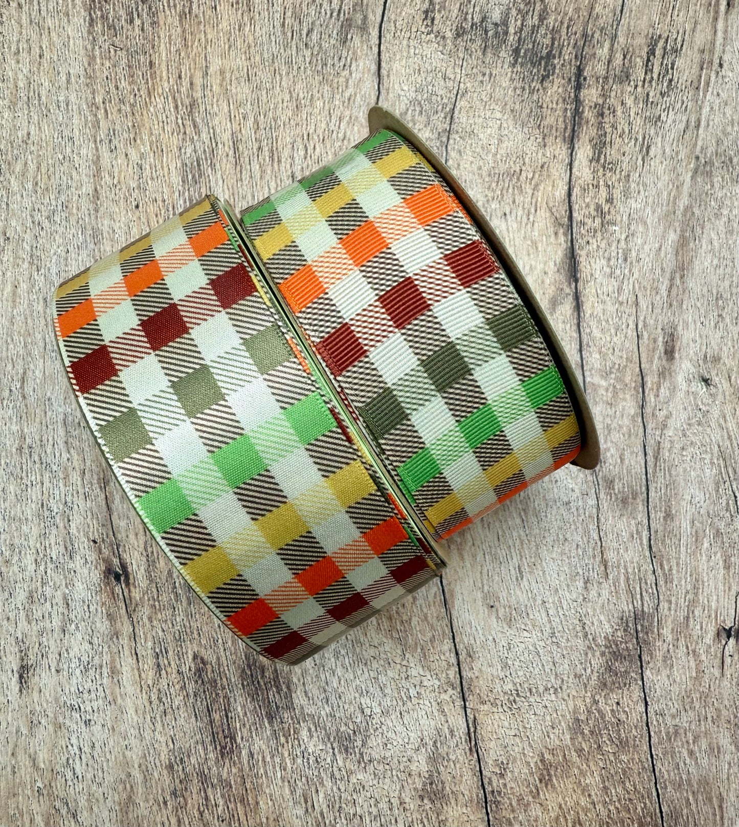 Fall plaid ribbon printed on 1.5" white grosgrain and satin
