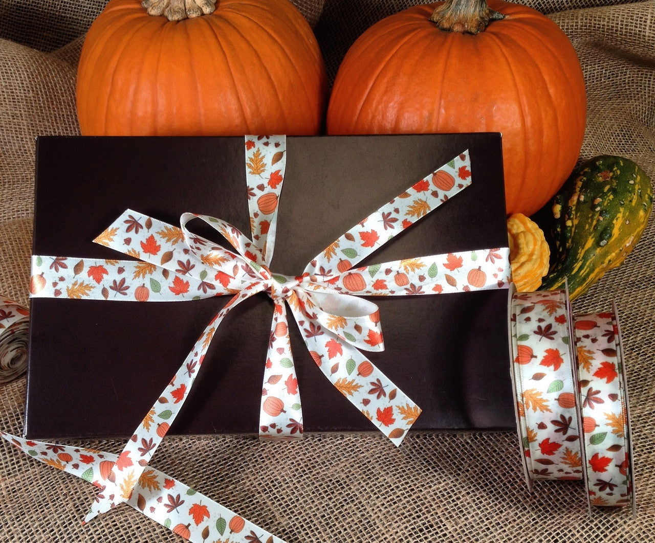 Our Falling leaves and pumpkin ribbon tied on this dark brown box makes an ideal Fall gift!