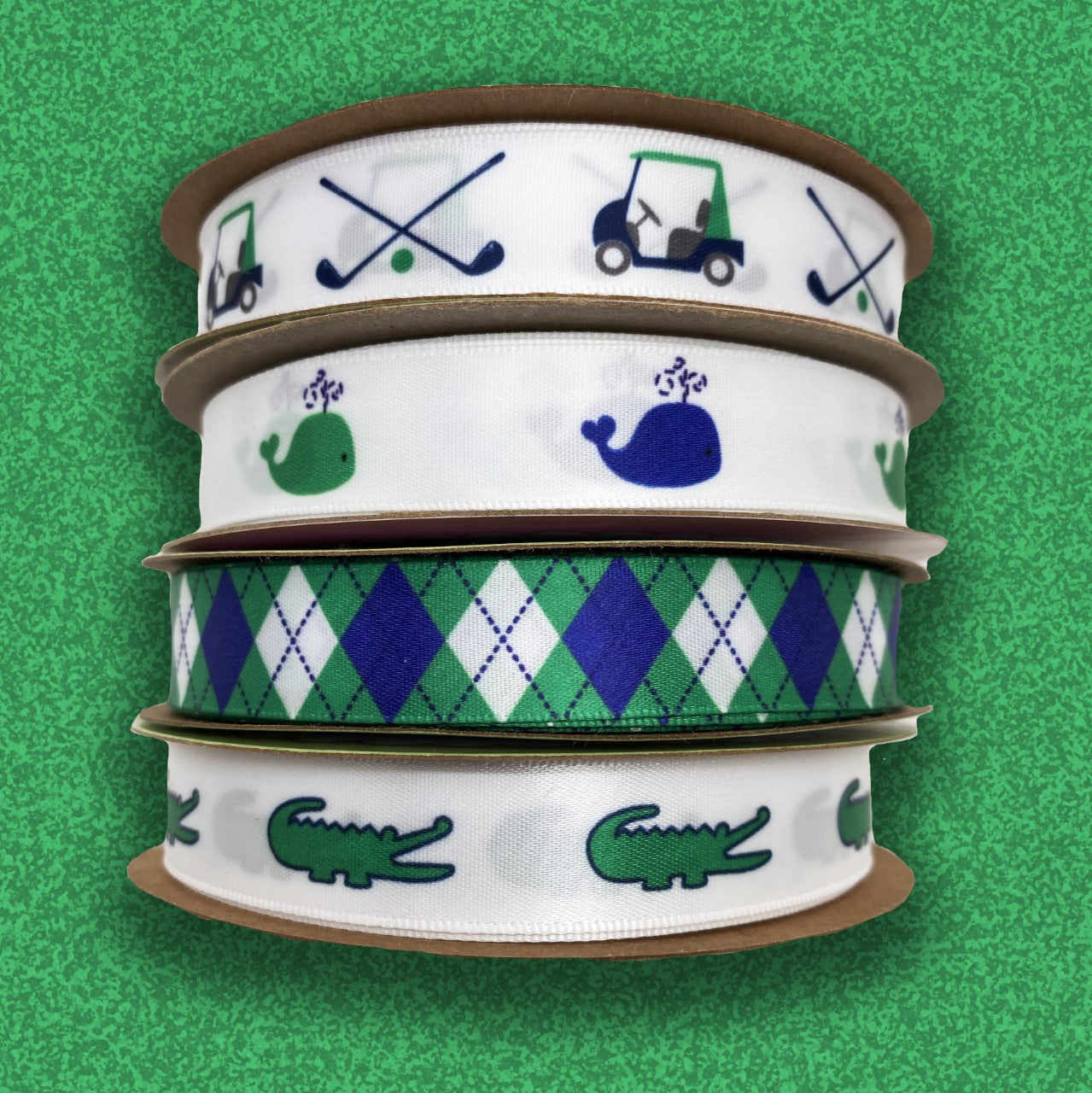 Pair our preppy alligators with our suite of blue and green options for golf and beach themes! All our ribbon is designed and printed in the USA