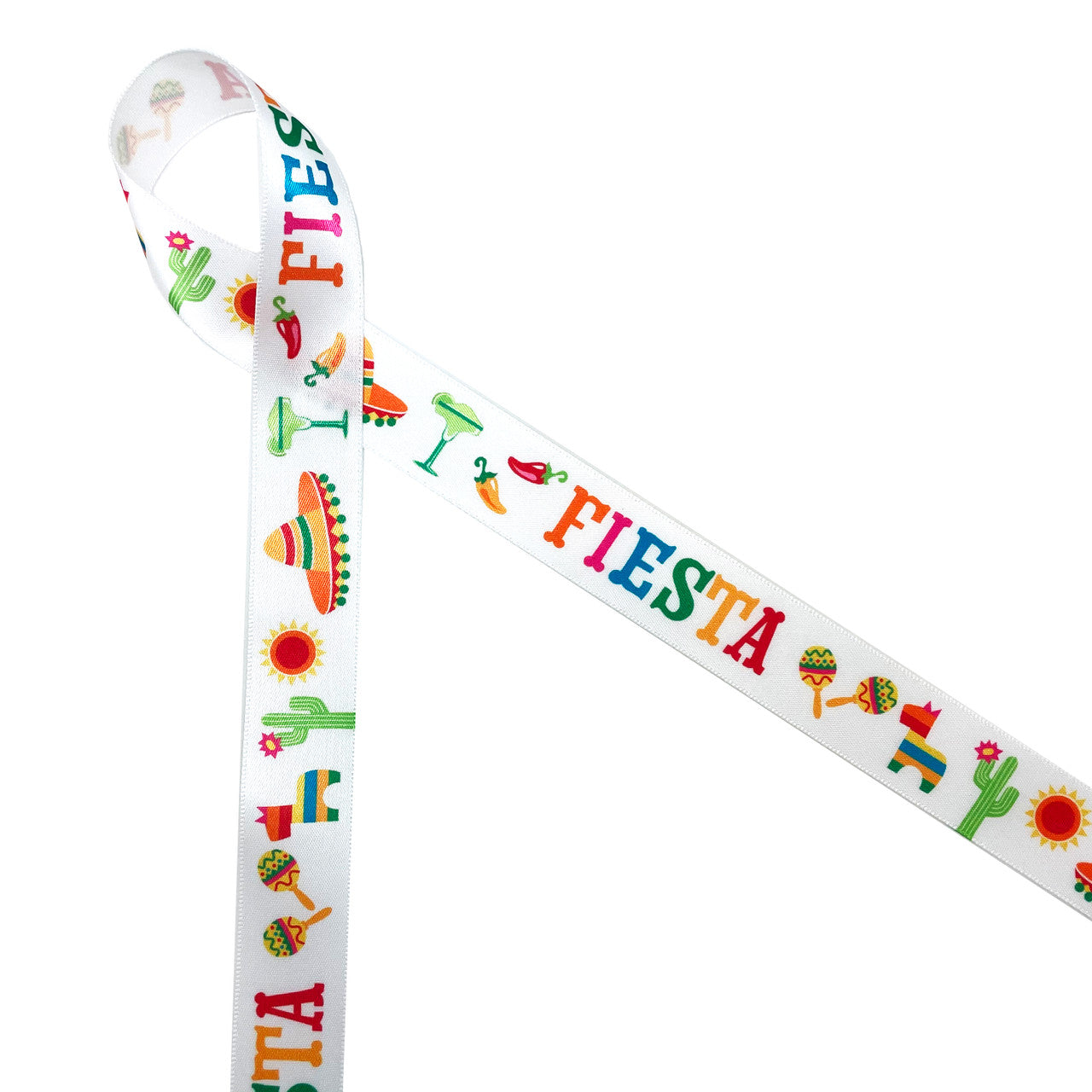 Fiesta in pink, orange, blue, yellow and red with maracas, sombreros, chili peppers, pinatas, and margaritas printed on 7/8" white single face satin ribbon is perfect for Cinco De Mayo celebrations! This is a great ribbon for party decor, Southwestern themed parties and lots of Summer fun! All our ribbon is designed and printed in the USA