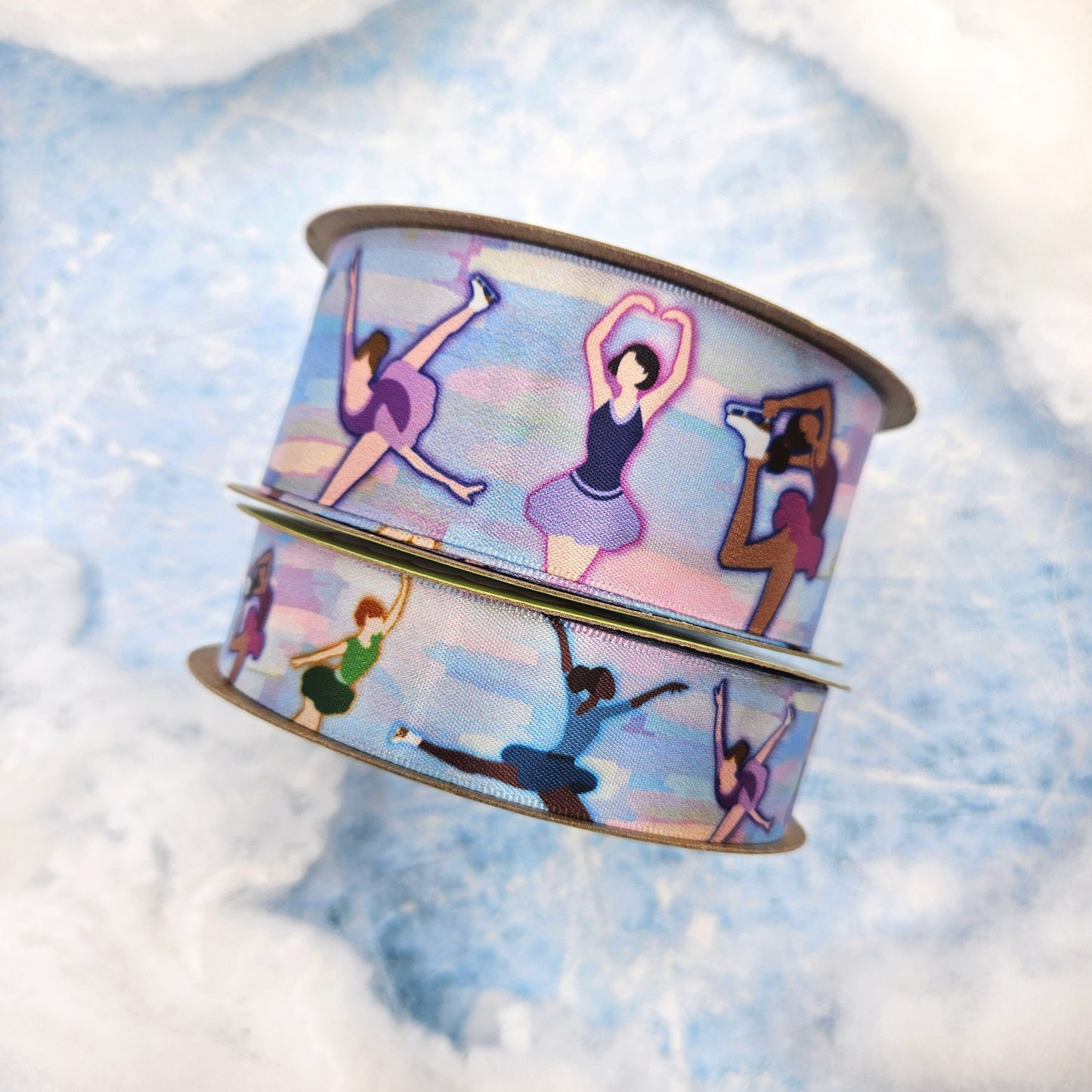 Figure Skater ribbon Skaters in watercolor pastels printed on 7/8" and 1.5" White single face satin satin