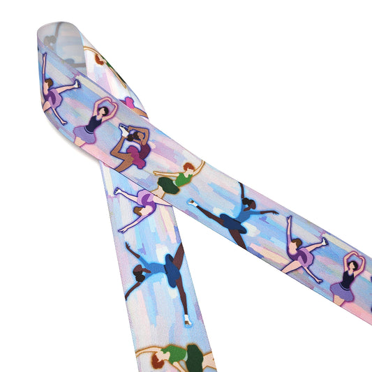 Figure Skater ribbon Skaters in watercolor pastels printed on 7/8" and 1.5" White single face satin satin