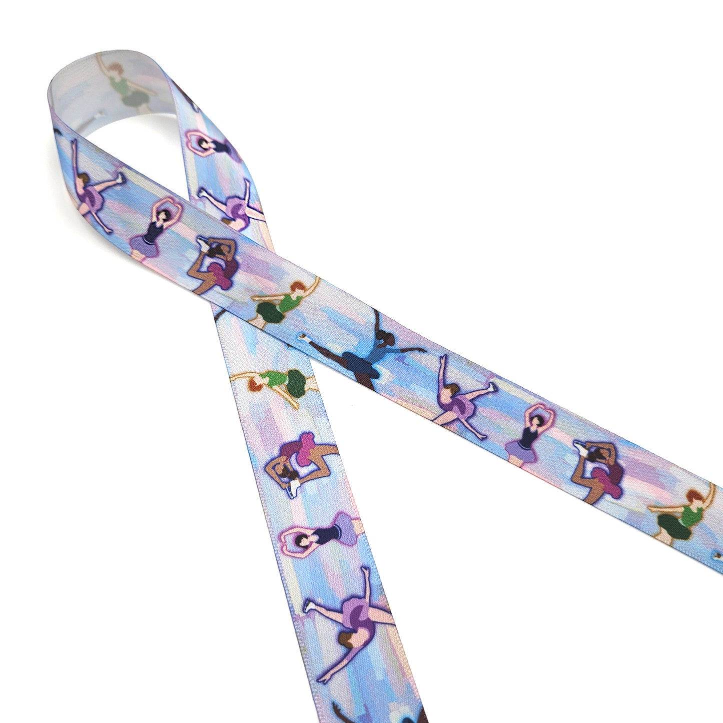 Figure Skater ribbon Skaters in watercolor pastels printed on 7/8" and 1.5" White single face satin satin