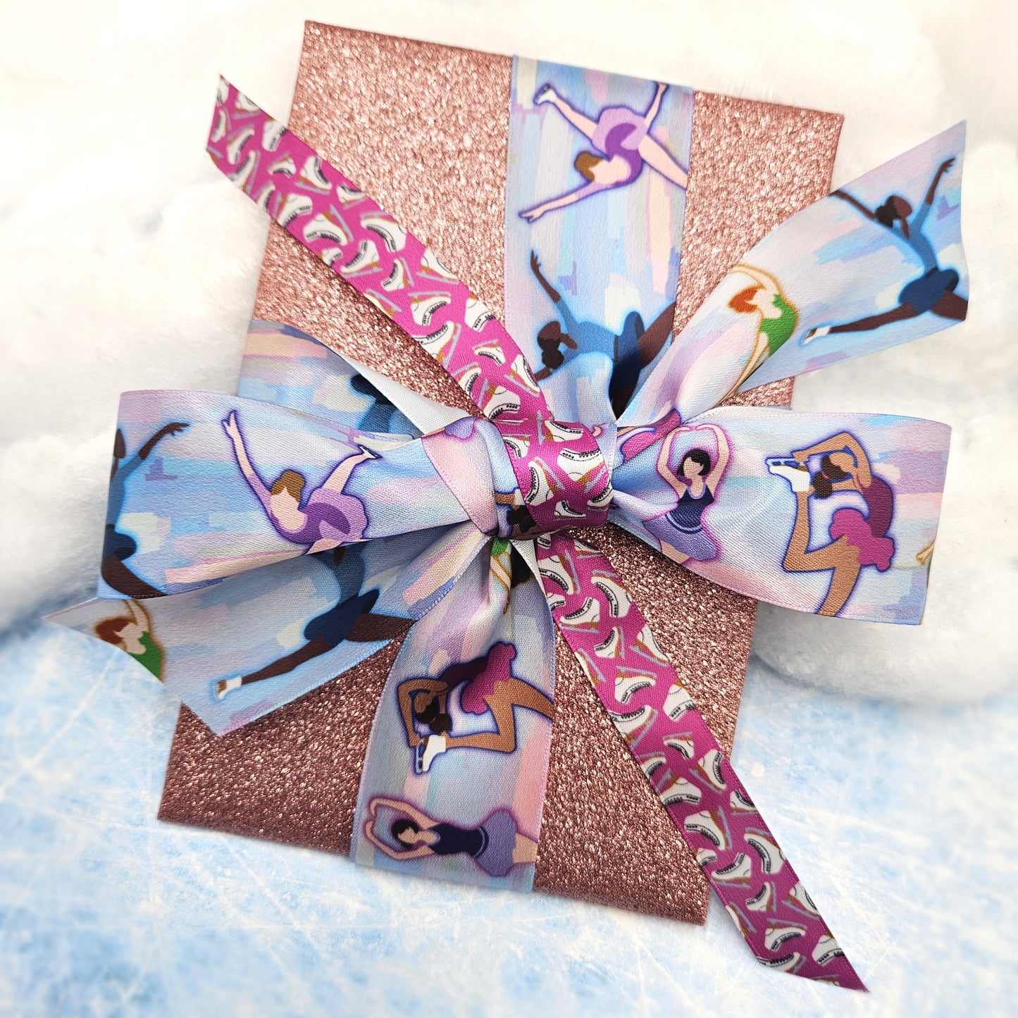 Figure Skates tossed on a blue or pink background printed on 5/8" and 7/8" white satin ribbon