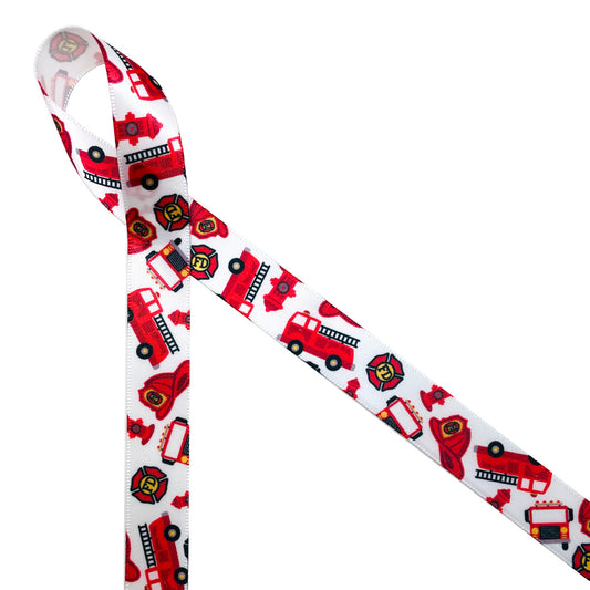 Fire themed ribbon features fire trucks, fire hydrants, fire helmets and badges tossed on 5/8" white single face satin ribbon. This is a perfect favor tie for birthday party or to celebrate your favorite fire fighter!