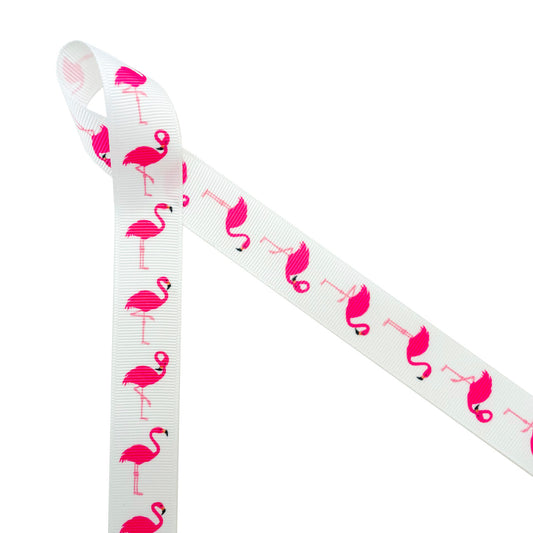 Pink flamingos lined up vertically on a 7/8" white grosgrain ribbon are the perfect addition to tropical party decor! This fun ribbon is perfect for tropical themed parties, gift wrap, party decor, quilting, sewing and crafts! Be sure to have this ribbon on hand all Summer long! Our ribbon is designed and printed in the USA
