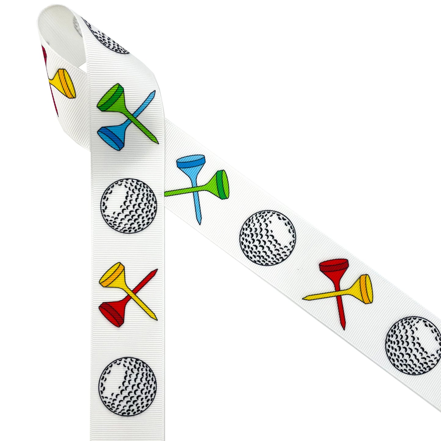 Golf ribbon with golf balls and tees in green,blue, red and yellow printed on 7/8" and 1.5" white grosgrain