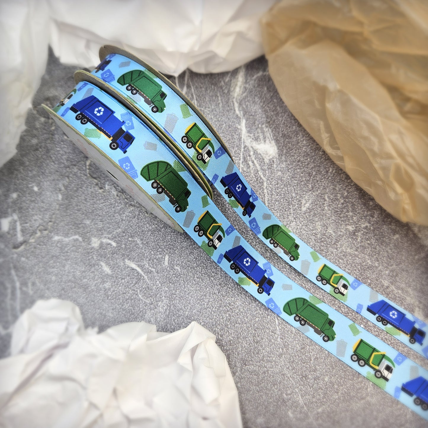 Garbage Trucks, Recycling vehicles and Sanitation dumper line up with trash bins printed on 5/8" and 7/8" white satin ribbon