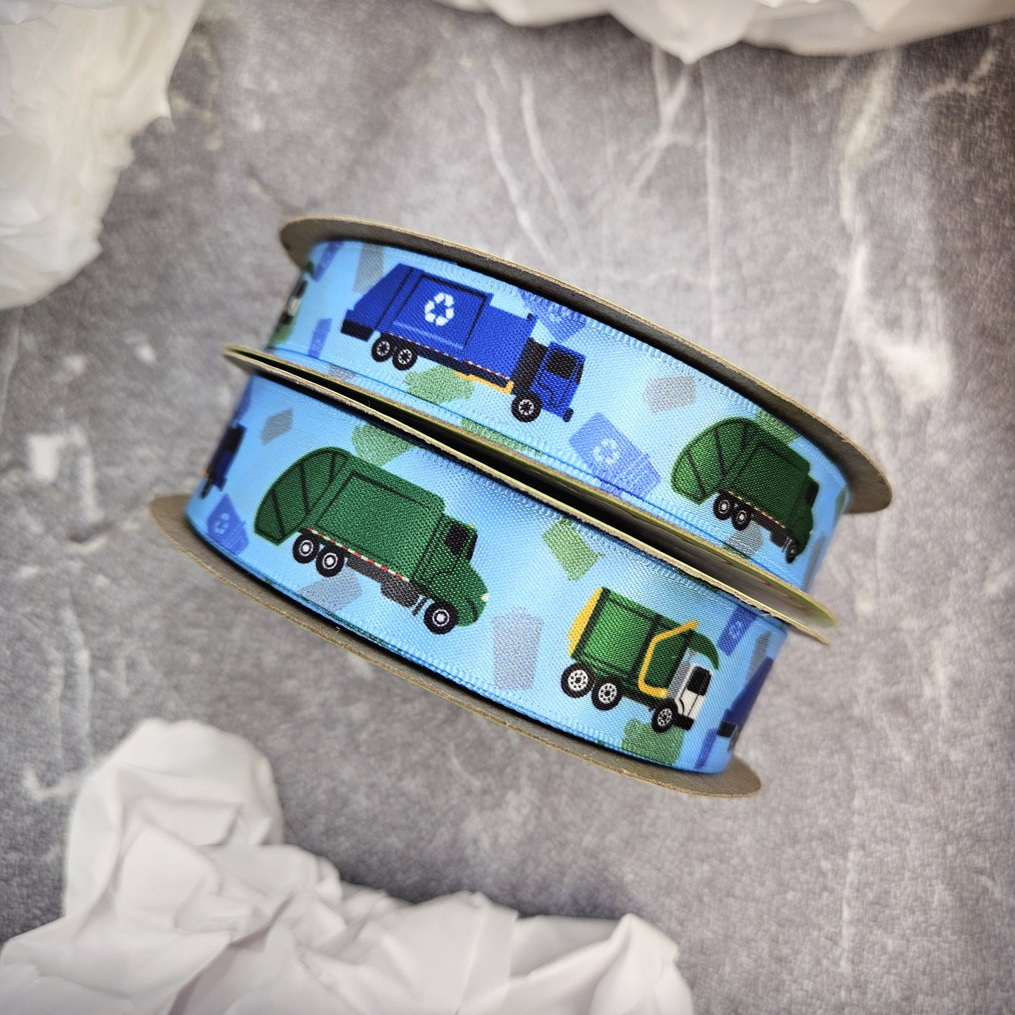 Garbage Trucks, Recycling vehicles and Sanitation dumper line up with trash bins printed on 5/8" and 7/8" white satin ribbon