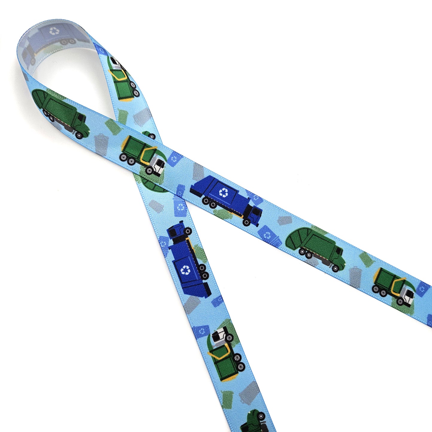 Garbage Trucks, Recycling vehicles and Sanitation dumper line up with trash bins printed on 5/8" and 7/8" white satin ribbon