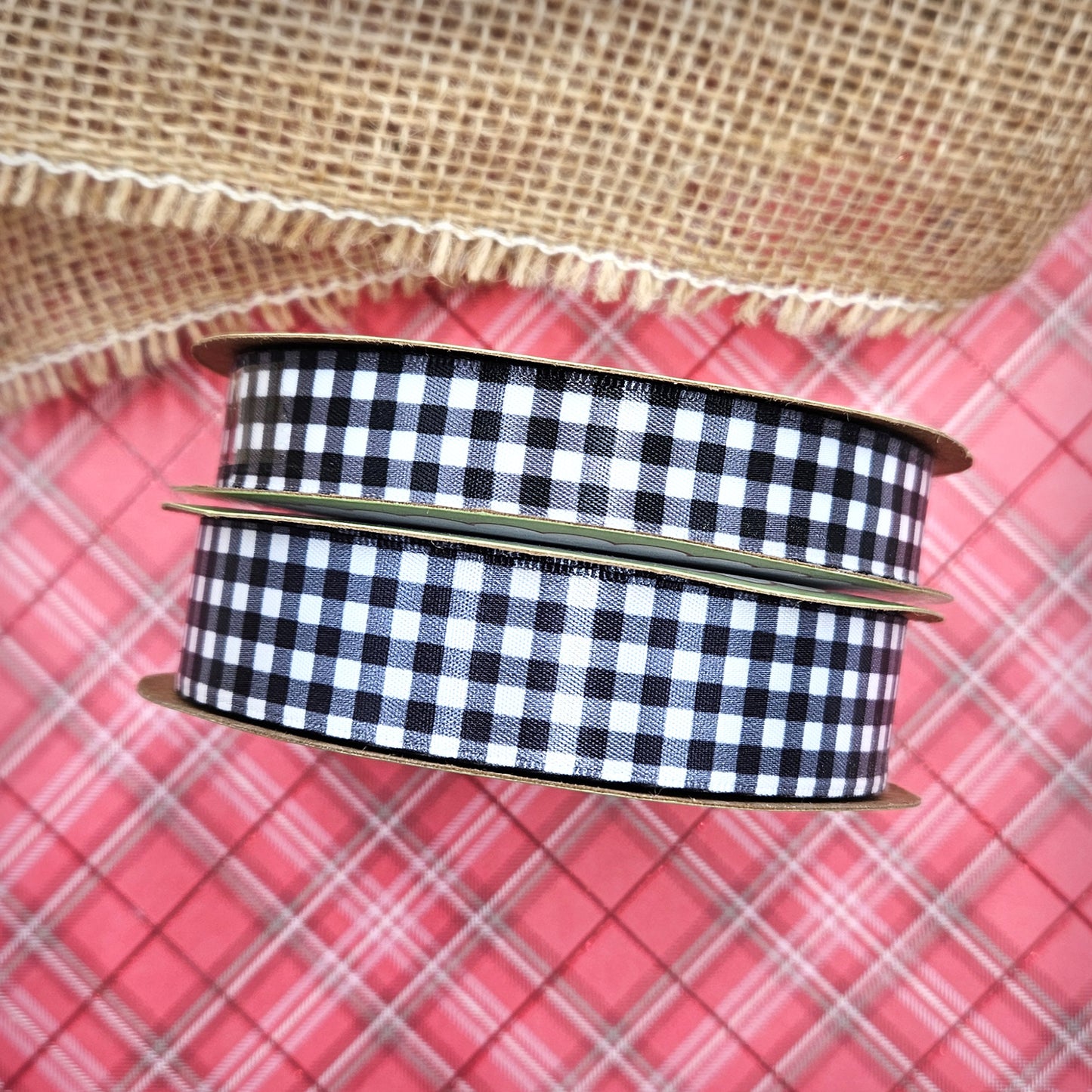 Gingham Check Ribbon in black on 7/8" white single face satin