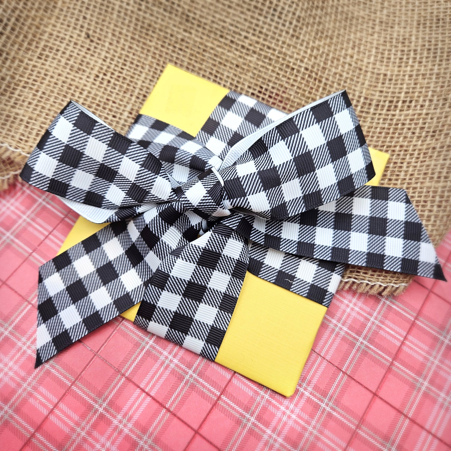 Gingham Check Ribbon Buffalo plaid black and white ideal for gift wrap, hat bands, tree trim, quilting, wreaths,  on 1.5" White grosgrain