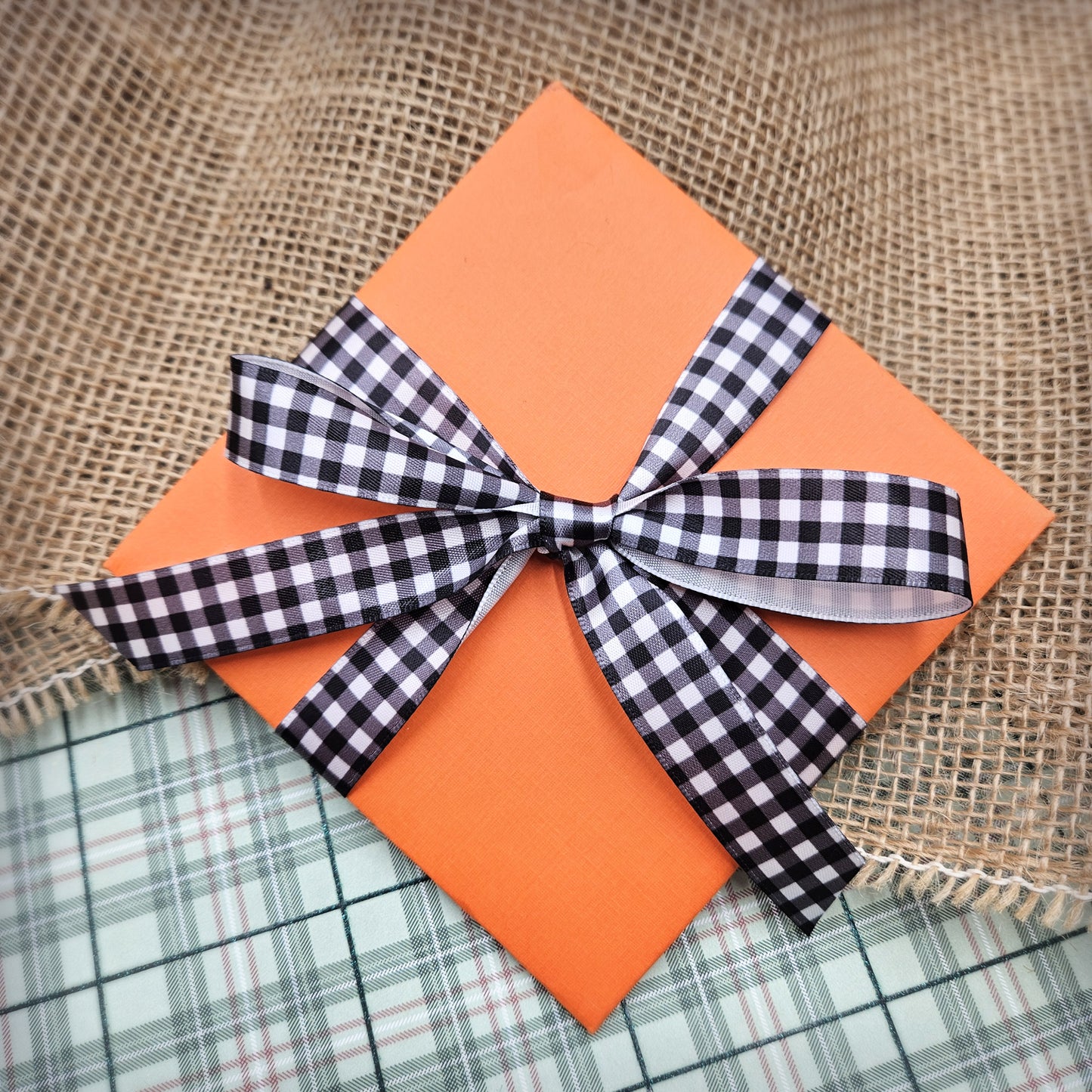 Gingham Ribbon in black on 5/8" white single face satin