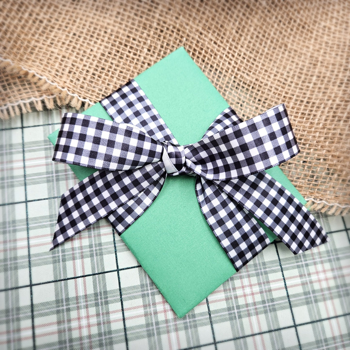 Gingham Check Ribbon in black on 7/8" white single face satin