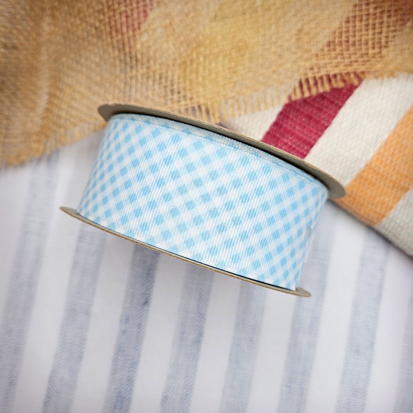 Gingham Check Ribbon in light baby blue and white on 1.5" White grosgrain